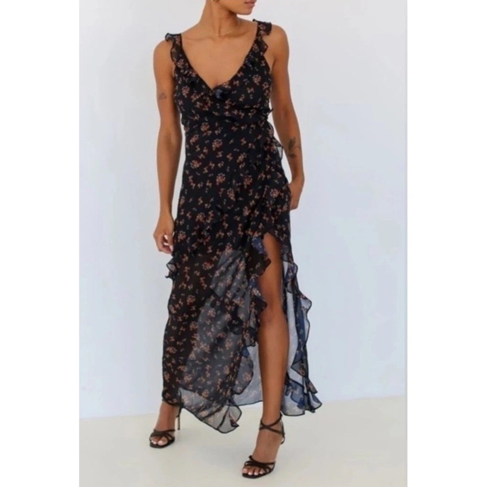 Rumored Wrap Dress Floral Maxi Ruffle Feminine Summer‎ Boho Navy Blue Size XS